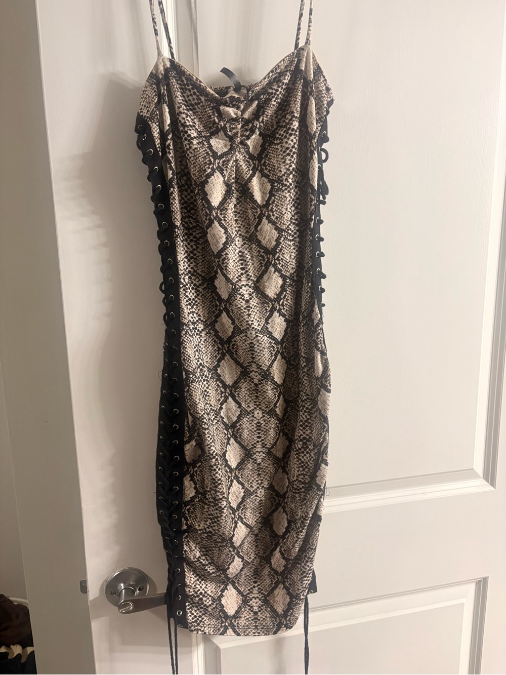 Snake-Print Midi Slip Dress with Lace-Up Sides - Neutral